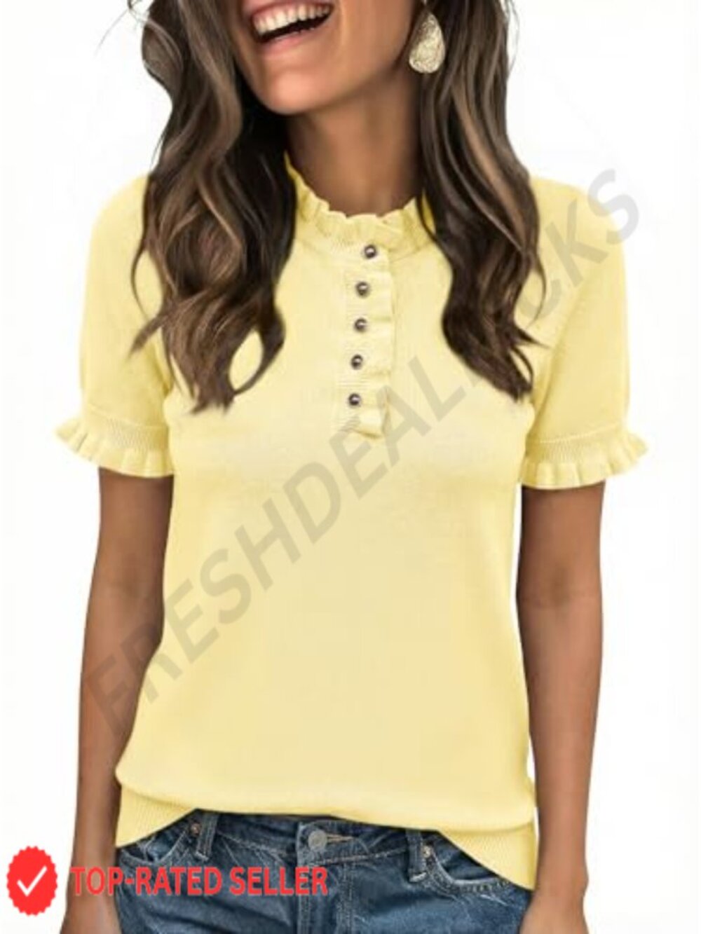 Ruffle Henley Knit Pullover Sweater Top with Puff Short Sleeves